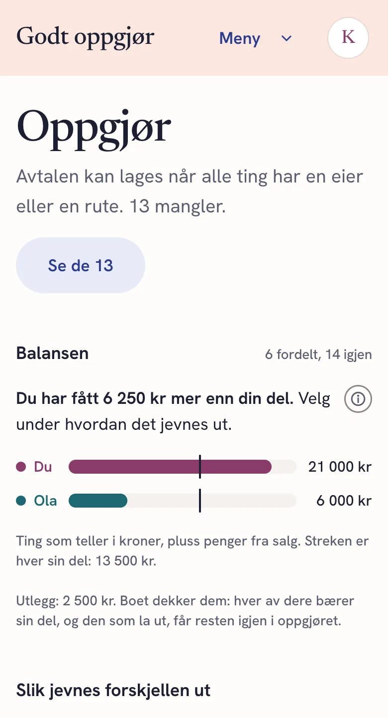 Skjermbilde av Oppgjør: balansen mellom Kari og Ola i kroner, og valget av hvordan forskjellen jevnes ut.