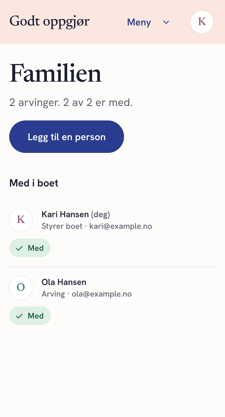 Skjermbilde av Familien: Kari Hansen og Ola Hansen er med i boet.
