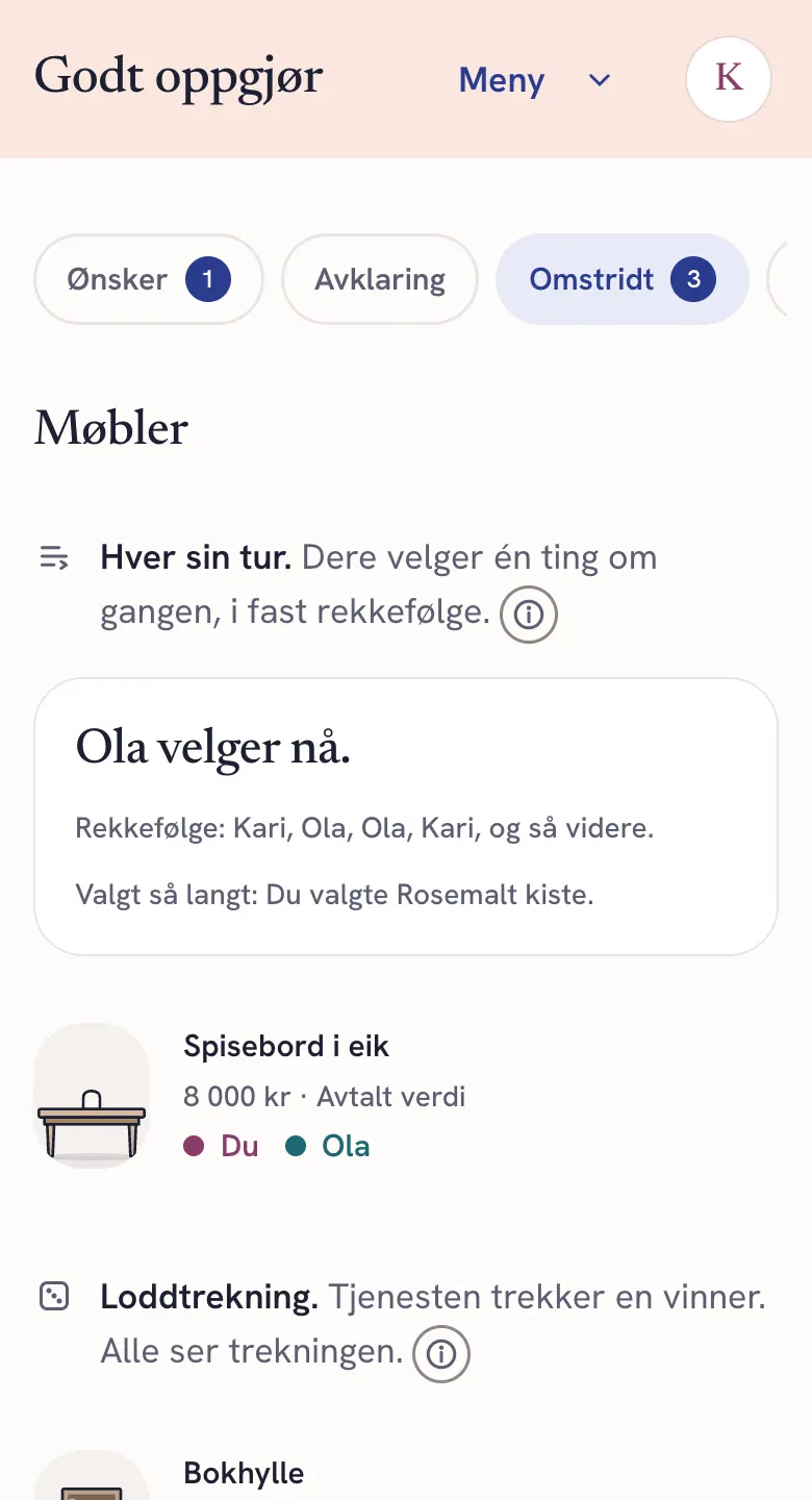 Skjermbilde av Omstridt i Møbler: dere velger én ting om gangen, og nå er det Olas tur.