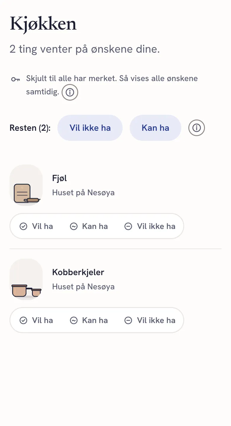 Skjermbilde av ønskene for Kjøkken: Fjøl og Kobberkjeler venter på Vil ha, Kan ha eller Vil ikke ha. Teksten sier at ønskene er skjult til alle har merket.