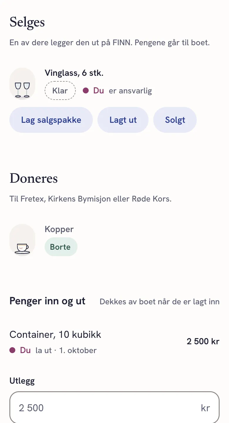 Skjermbilde av Rydding: Vinglass skal selges, med knappene Lag salgspakke, Lagt ut og Solgt. Kopper er donert og borte.